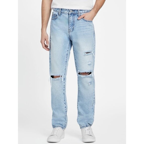 Guess Men's Parker Regular Straight Leg Jeans Destroy Light Blue Wash Size 31X32 - Picture 1 of 16